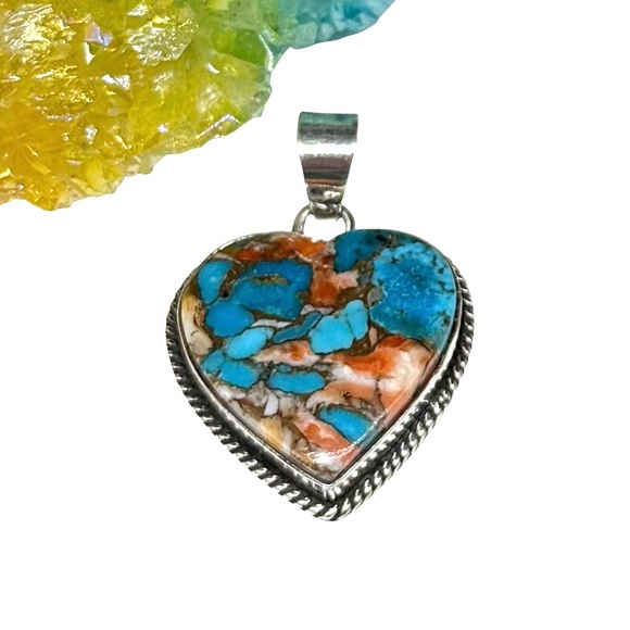 Kingman Turquoise Spiny Oyster Heart Necklace Pendant Solid 925 Sterling Silver